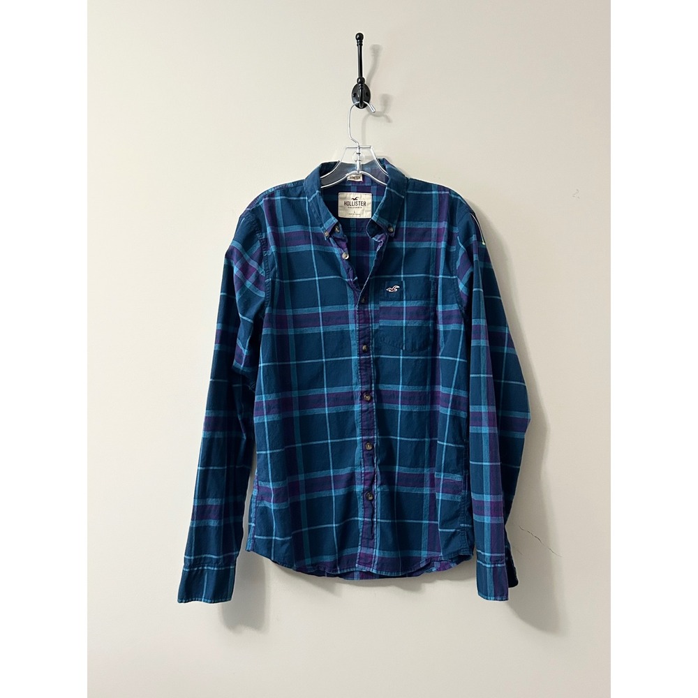 Hollister Mens Epic Flex Flannel Shirt, Blue Purple Plaid, Button Up, Large